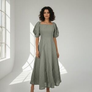 COS Sage Green Lyocell Linen Puff Sleeve Midi Dress Square Neck Womens Size 4